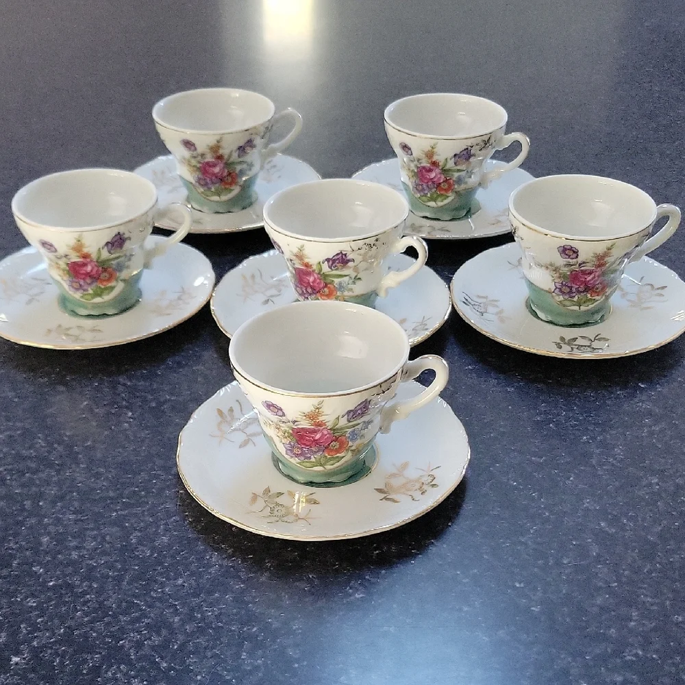 Espresso Sterling China Japan Rose Floral White Porcelain 12 Cups & Saucers Set